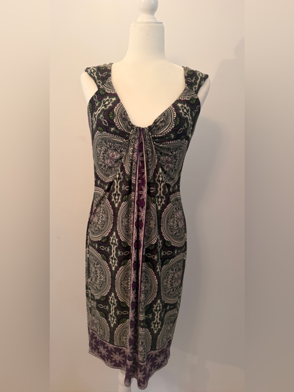 Maggy London Black and Purple Sleeveless Midi Dress with Tie Front